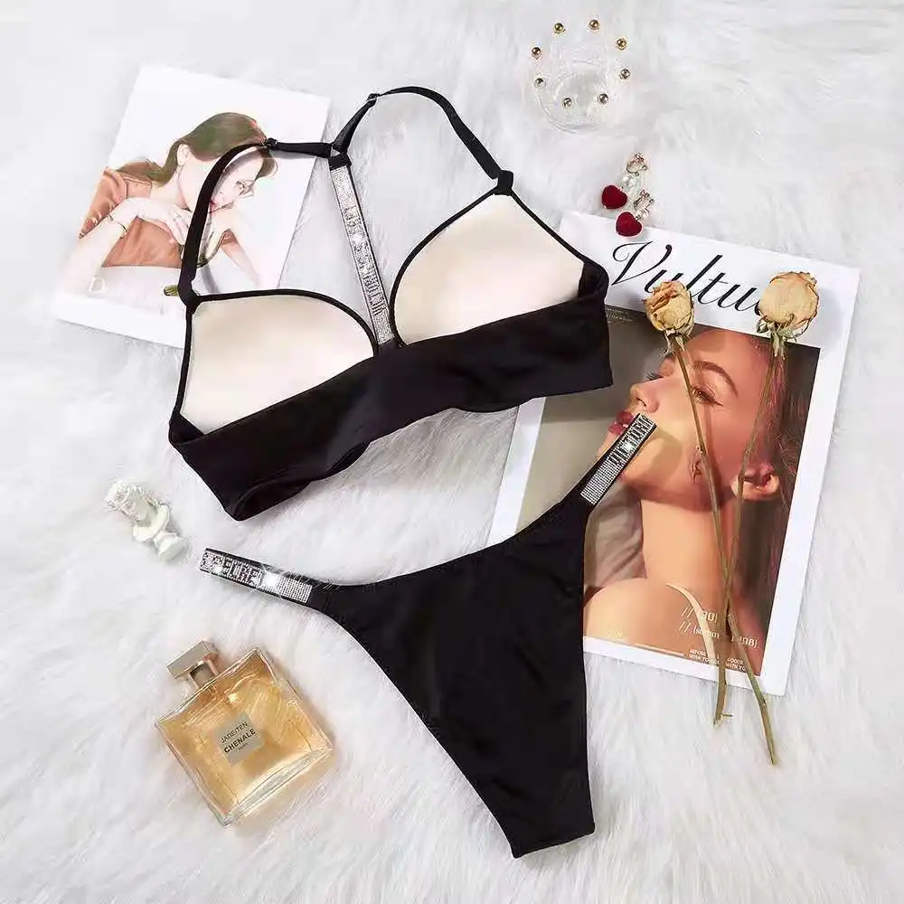 New Push up Front buckle Sexy Back Cross Shoulder Strap Rhinestone Underwear Bra Suit sexy Female Bikini Thong Bra Set letter
New Push up Front buckle Sexy Back Cross Shoulder Strap Rhinestone Underwear Bra Suit sexy Female Bikini Thong Bra Set letter
