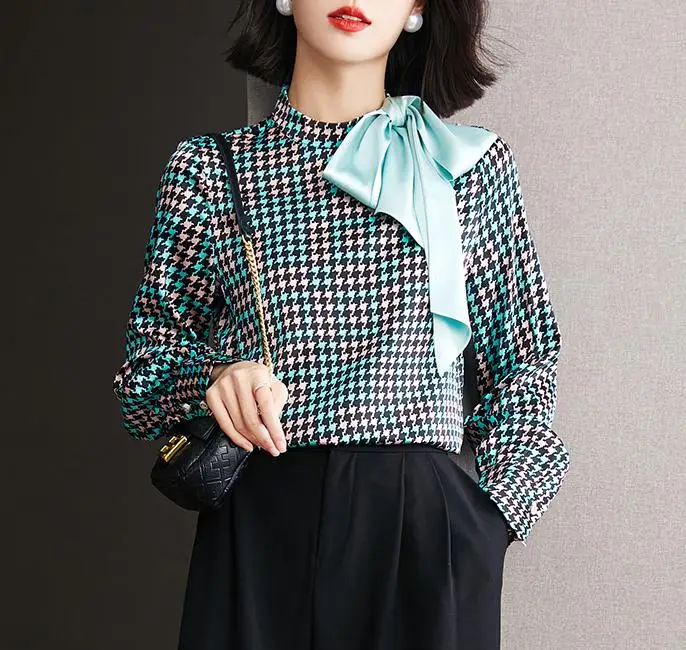Elegant Bowknot Houndstooth Blouse For Women Chic Long Sleeve Chiffon Shirt Top Lady Streetwear O Neck Blouse
Elegant Bowknot Houndstooth Blouse For Women Chic Long Sleeve Chiffon Shirt Top Lady Streetwear O Neck Blouse