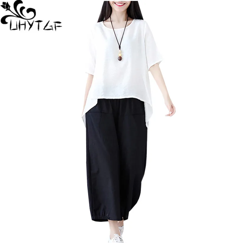UHYTGF 2 piece sets women outfits cotton linen Oversized wide leg pants loose summer two piece set elegant clothes for women 878
UHYTGF 2 piece sets women outfits cotton linen Oversized wide leg pants loose summer two piece set elegant clothes for women 878