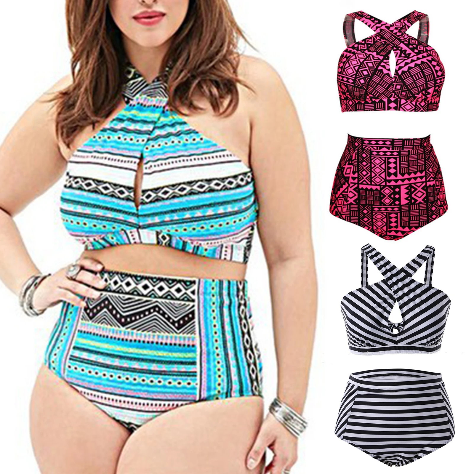 Women Striped Print Swimwear Sexy Hollow Out Halter High Waist Swimsuit Two Piece Push Up Beachwear Bathing Suit Plus Size
Women Striped Print Swimwear Sexy Hollow Out Halter High Waist Swimsuit Two Piece Push Up Beachwear Bathing Suit Plus Size