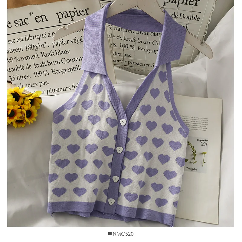 Knit vest top women summer beautiful back hanging neck lapel buttoned knitted vest women new Heart print short slim tops Fashion
Knit vest top women summer beautiful back hanging neck lapel buttoned knitted vest women new Heart print short slim tops Fashion