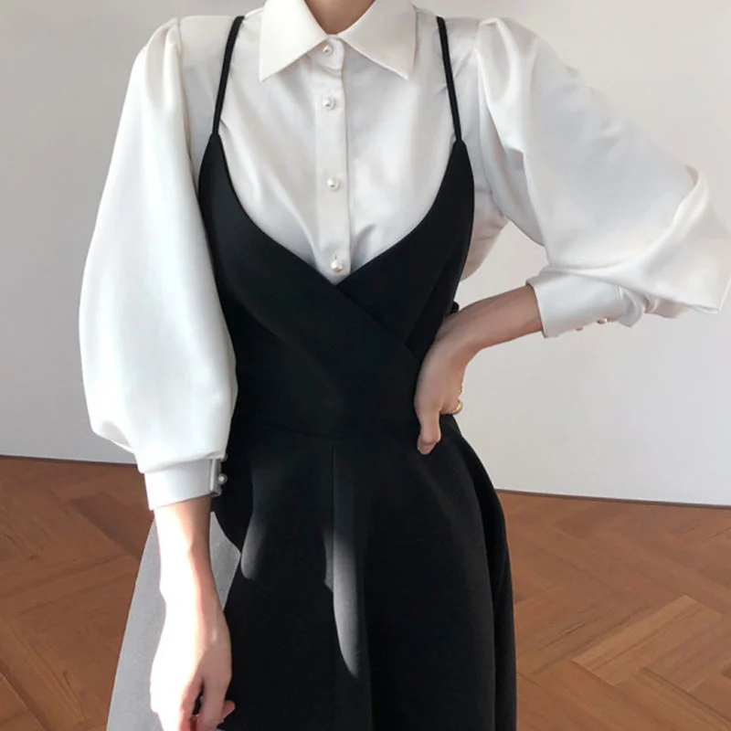 Korean Chic French Lapel single breasted Lantern Sleeve Shirt + back bow large swing suspender dress
Korean Chic French Lapel single breasted Lantern Sleeve Shirt + back bow large swing suspender dress