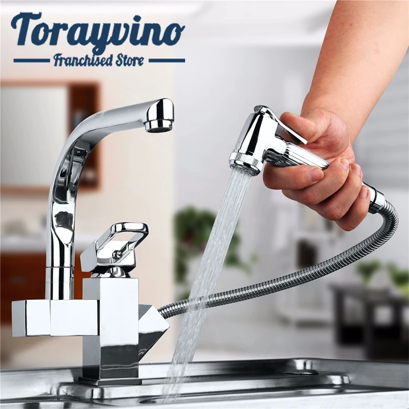 Torayvino Kitchen Sink Faucet Brass chrome Mixer Tap With Pull Out Spray Swivel Spout Chrome Deck Mounted Faucets | Обустройство дома