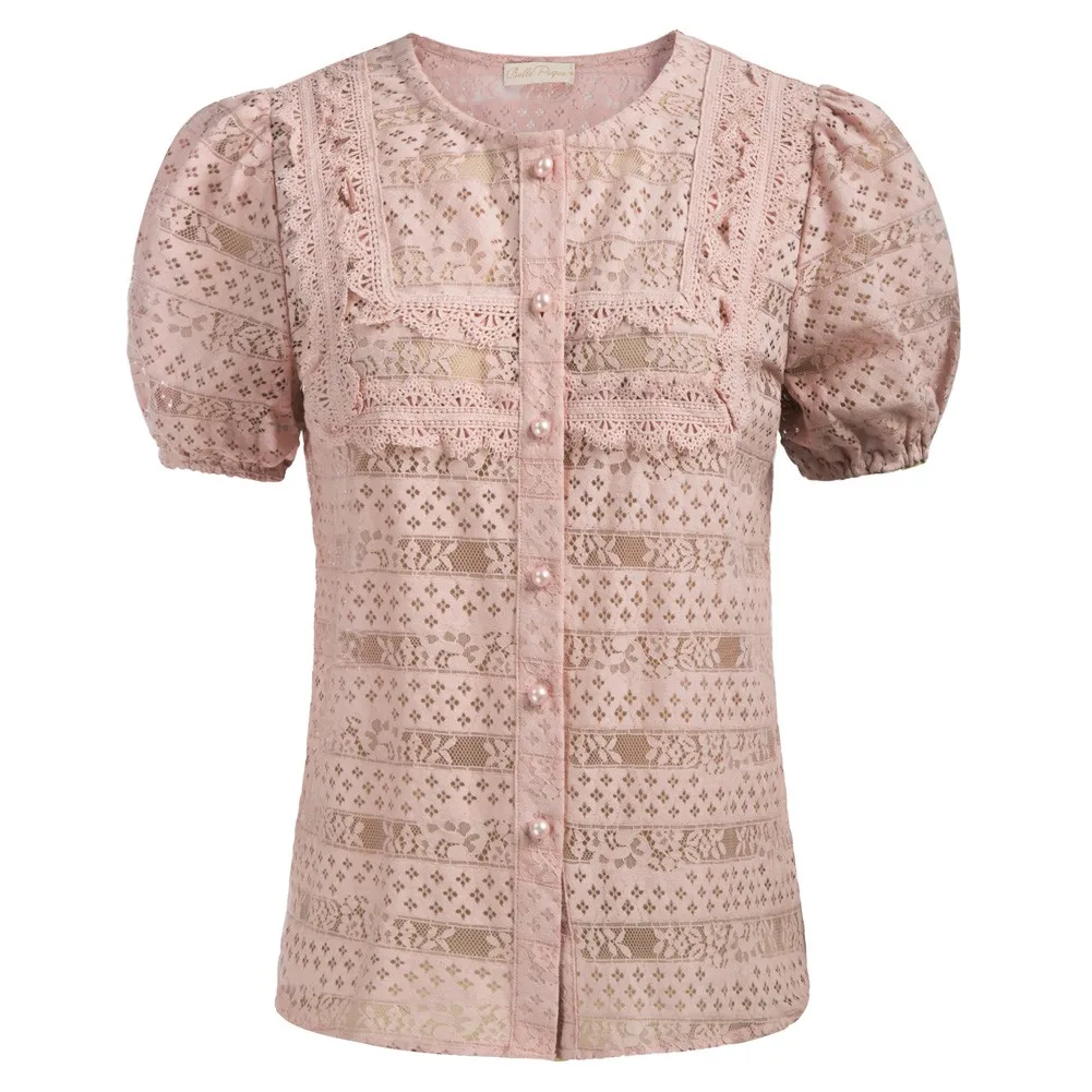 Women Shirts Summer Semi See-Through Lace Tops Puffed Short Sleeve Crew Neck Button-up Tops Slim Sweet Temperament Blouses New
Women Shirts Summer Semi See-Through Lace Tops Puffed Short Sleeve Crew Neck Button-up Tops Slim Sweet Temperament Blouses New