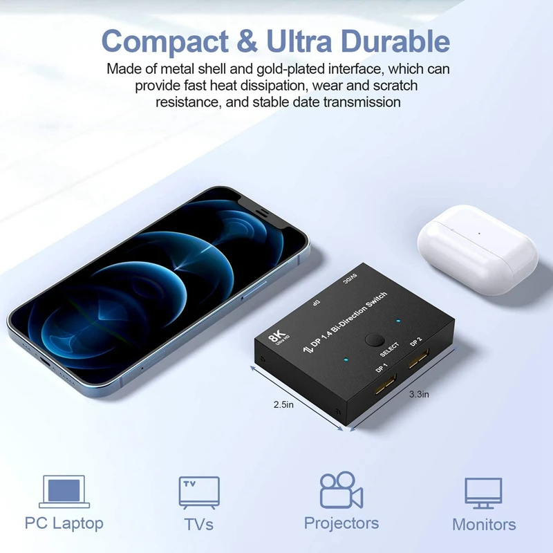 Displayport Switch, 8K Bidirectional DisplayPort 1.4 Switch Converter DP 1 X 2 Splitter for PC Projectors Monitors
Displayport Switch, 8K Bidirectional DisplayPort 1.4 Switch Converter DP 1 X 2 Splitter for PC Projectors Monitors