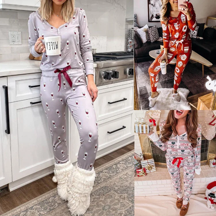 New Women Pajamas Set Printed V-neck Long Sleeve Homesuit Women Casual Underwear 
New Women Pajamas Set Printed V-neck Long Sleeve Homesuit Women Casual Underwear