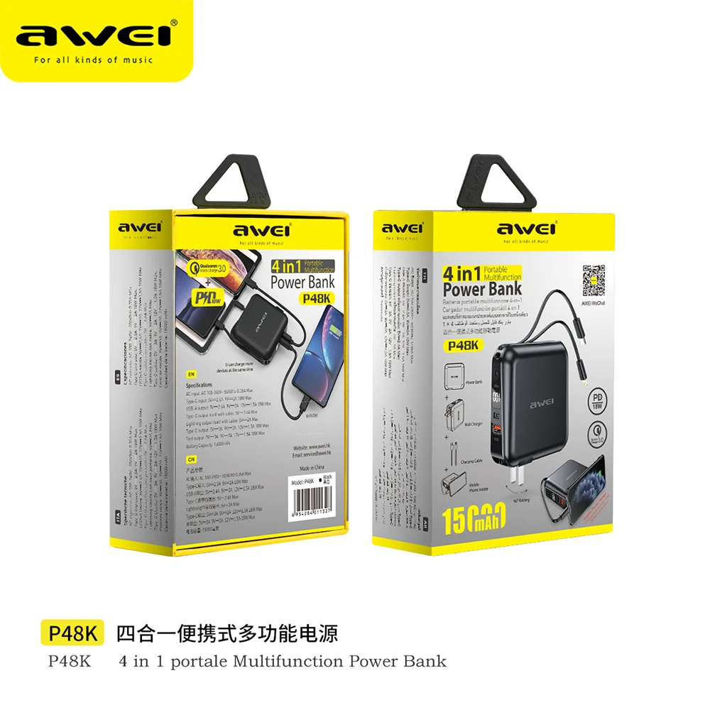 Awei Power Bank 15000mAh QC3.0 PD18W Fast Charger Powerbank LED Display External Battery Built in 2 Cable Lightning Type C Cable
Awei Power Bank 15000mAh QC3.0 PD18W Fast Charger Powerbank LED Display External Battery Built in 2 Cable Lightning Type C Cable