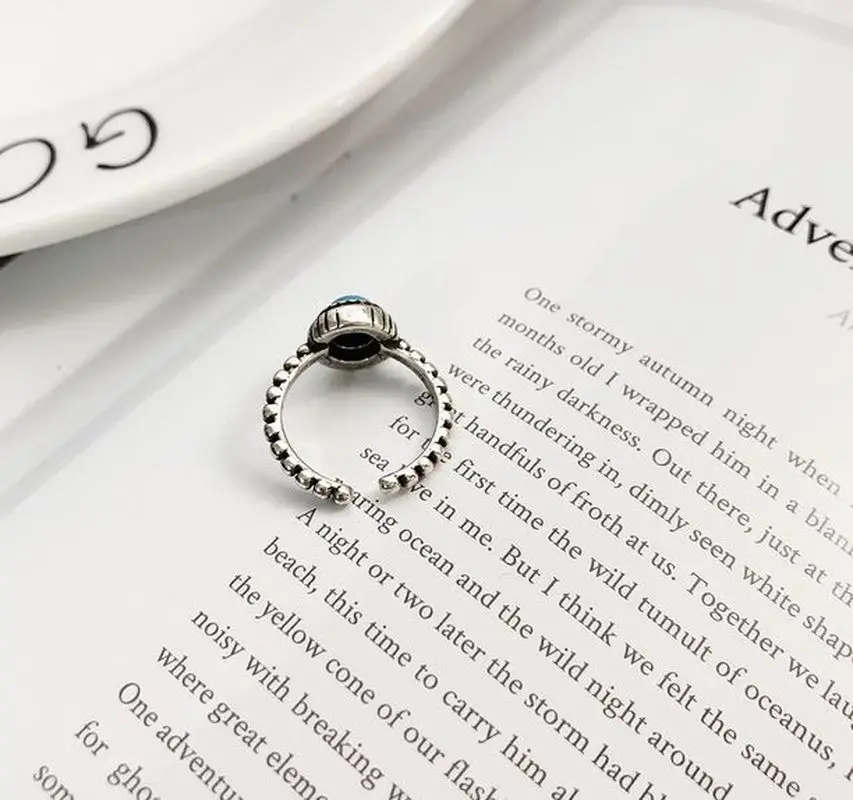 925 Sterling Silver Korean Ring Natural Black Turquoise Pattern Gothic Thai Wedding Set Jewelry Rings for Women | Украшения и
