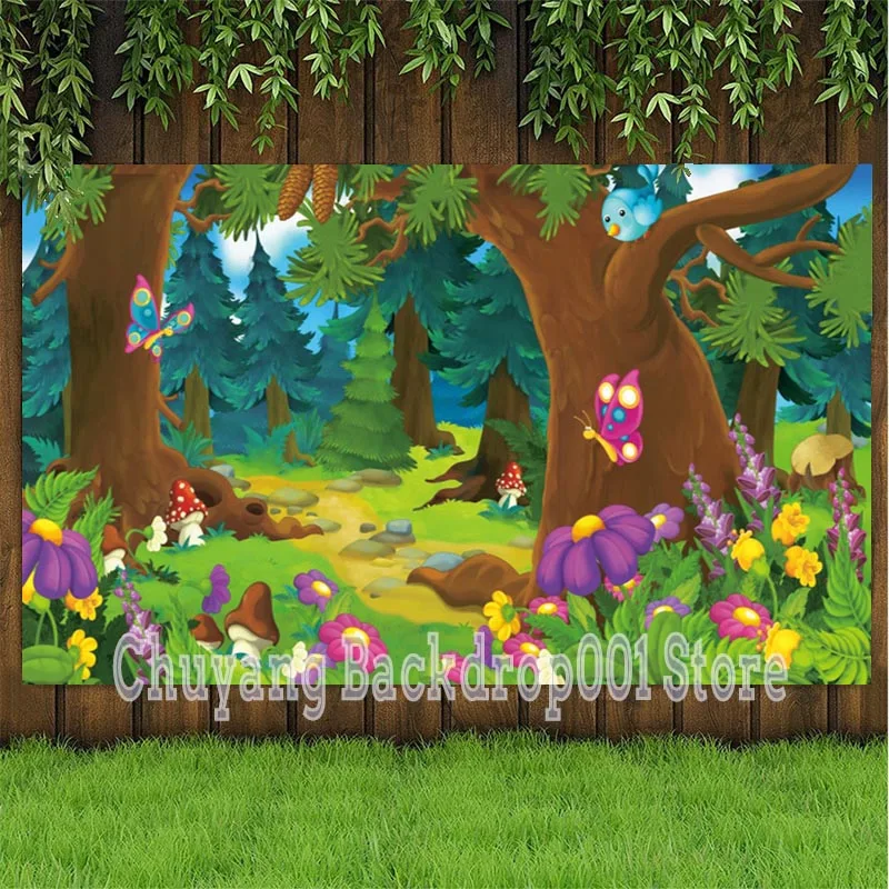 

Cartoon Forest Newborn Baby Shower Jungle Party Backdrop Mushroom Flowers Kis Birthday Background Photography For Table Decor