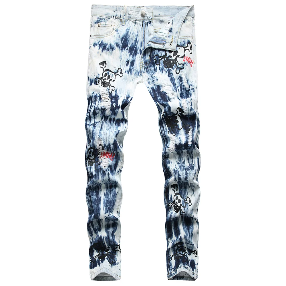 Men Tie and Dye Denim Jeans Streetwear Skull Printed Slim Straight Pants Trendy Holes Ripped Trousers
Men Tie and Dye Denim Jeans Streetwear Skull Printed Slim Straight Pants Trendy Holes Ripped Trousers