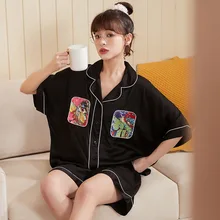 Lady Classical Silk Sleepwear Women Casual Pajamas Short-sleeved Nightwear Peking Opera Print Black Pyjamas Home Wear