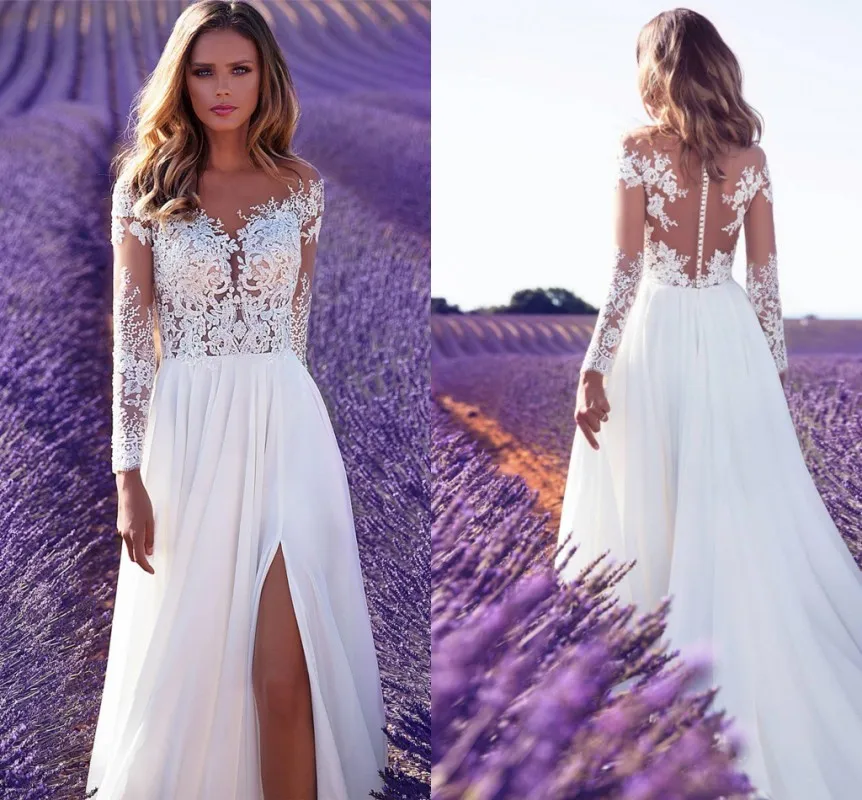 Long Sleeve Wedding Dress 2021 Cheap Beach For Bride Sheer Neck Side Slit Lace Appliques Bridal Gown Vestidos De Mariage
Long Sleeve Wedding Dress 2021 Cheap Beach For Bride Sheer Neck Side Slit Lace Appliques Bridal Gown Vestidos De Mariage