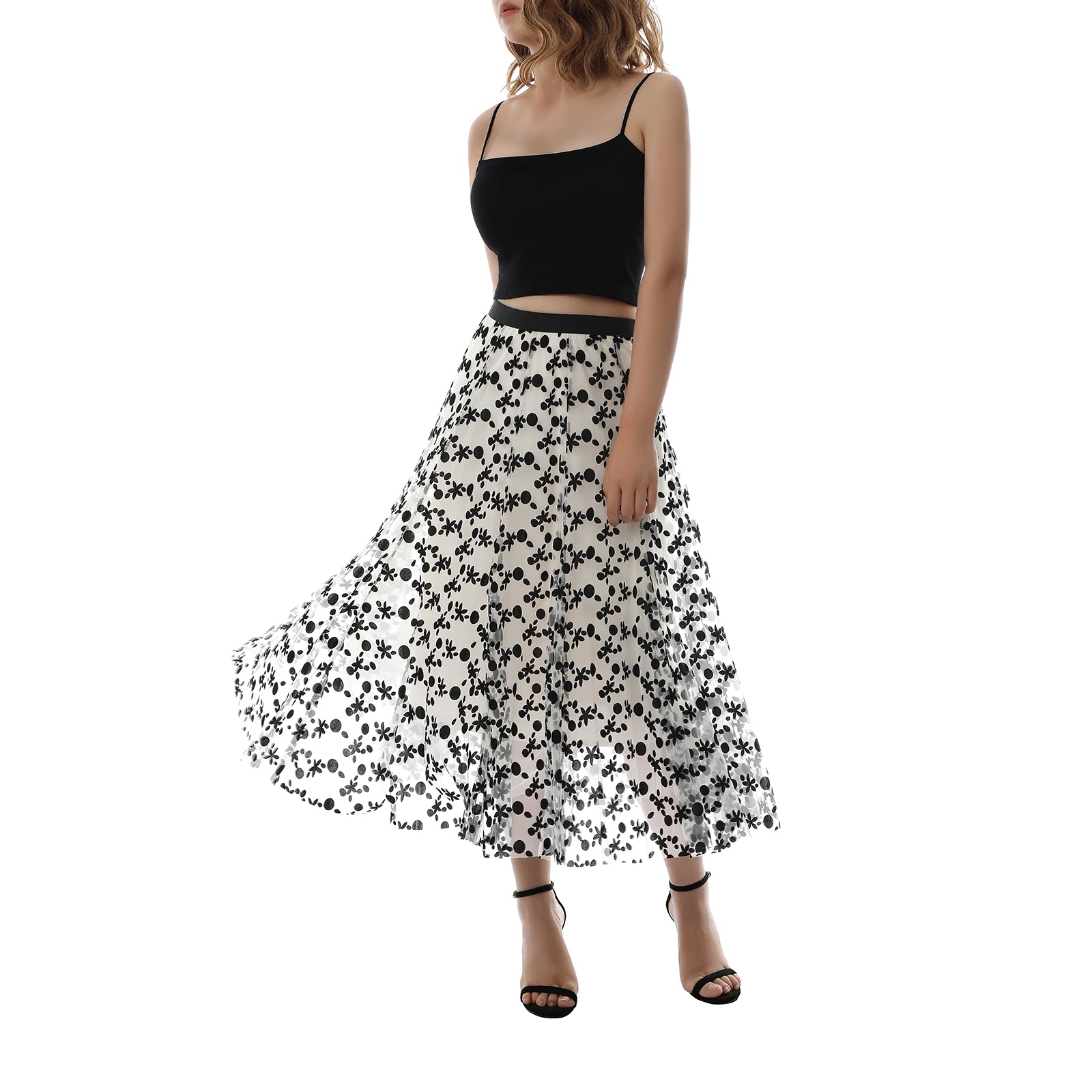 

Women’s Fashion Casual A-line Tutu Skirts Fashion Flocked Floral Mesh Yarn Multi-layer High Waist Mid-length Skirts