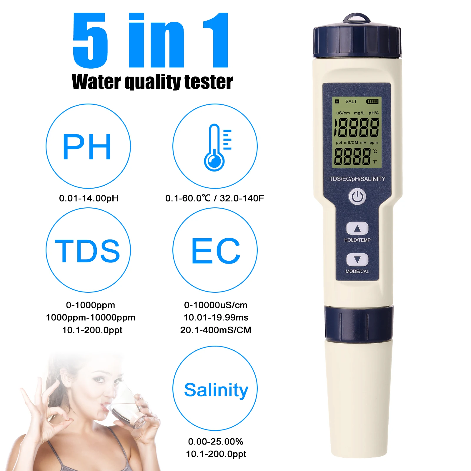 Digital PH Meter 5 in 1 Professional Water Quality Monitor Tester PH/EC/TDS/Salinity/Thermometer Multi-parameter Testing Meter
Digital PH Meter 5 in 1 Professional Water Quality Monitor Tester PH/EC/TDS/Salinity/Thermometer Multi-parameter Testing Meter