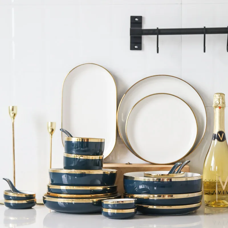 Elegant Dark Blue Ceramic Gold Rim Plates Food Dish Nordic Style Retro Porcelain Tableware Bowl Dinner Bowls Dinnerware
Elegant Dark Blue Ceramic Gold Rim Plates Food Dish Nordic Style Retro Porcelain Tableware Bowl Dinner Bowls Dinnerware