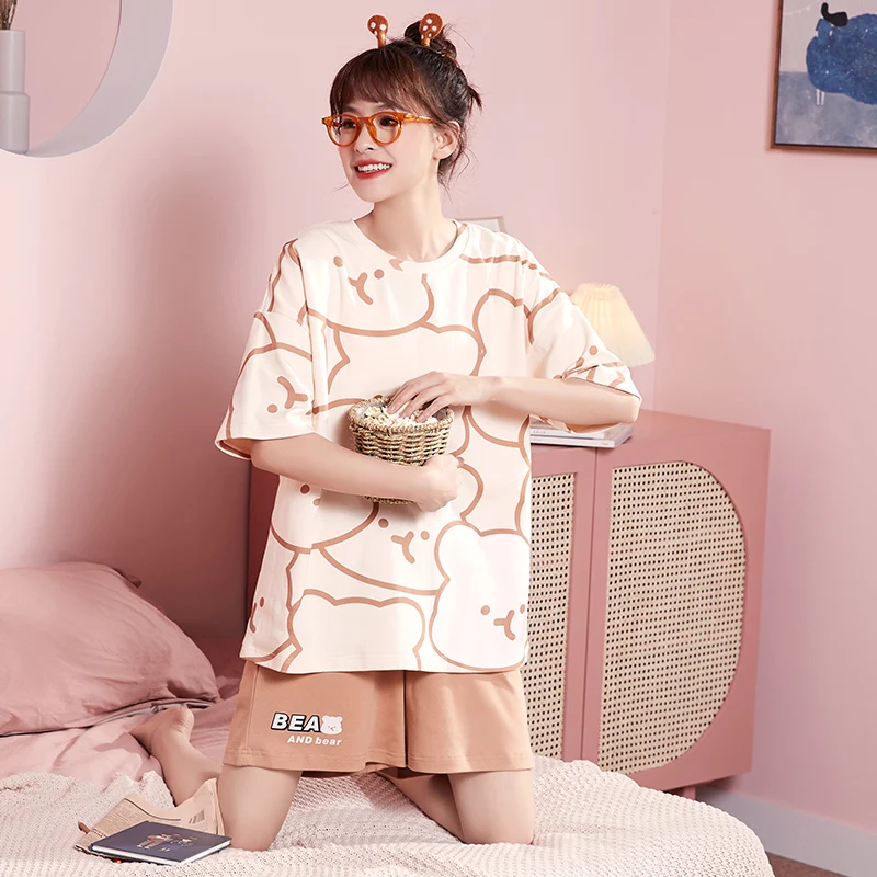 Women Cotton Pajamas Set Cartoon Little Bears Print Cute Girls Sleepwear Summer Short Sleeve Shorts Plus Size Outdoor Homewear
Women Cotton Pajamas Set Cartoon Little Bears Print Cute Girls Sleepwear Summer Short Sleeve Shorts Plus Size Outdoor Homewear