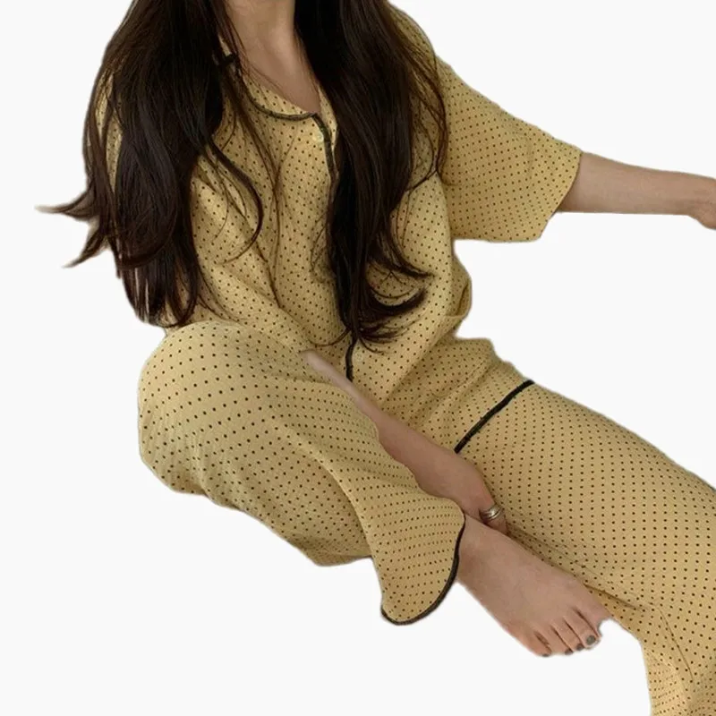 Polka Dot Fashion Summer Pajamas Women New Short Sleeve Trousers Set Lapel Cardigan Two Piece Pijamas Suit Korean Pyjama Femme
Polka Dot Fashion Summer Pajamas Women New Short Sleeve Trousers Set Lapel Cardigan Two Piece Pijamas Suit Korean Pyjama Femme