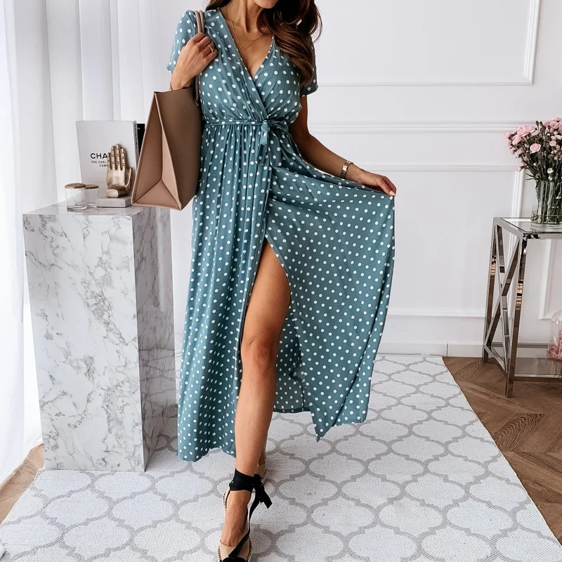 Short Sleeve V-Neck Ladies Polka Dot Dresses 2021 Women Summer Fashion Split Maxi Dress New Boho Beach Holiday Dress for Female
Short Sleeve V-Neck Ladies Polka Dot Dresses 2021 Women Summer Fashion Split Maxi Dress New Boho Beach Holiday Dress for Female