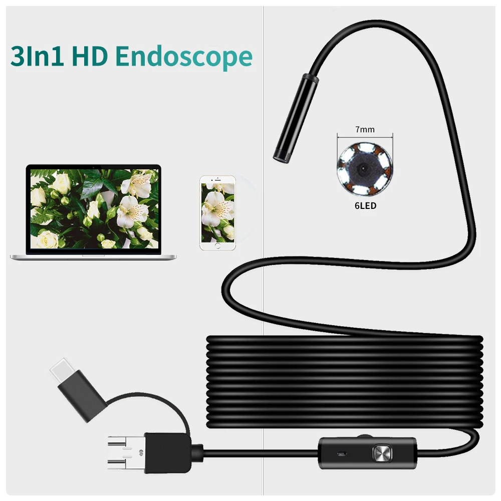 7MM Android Endoscope 3 in 1 USB/Micro USB/Type-C Borescope Inspection Camera Waterproof for Smartphone with OTG and UVC PC
7MM Android Endoscope 3 in 1 USB/Micro USB/Type-C Borescope Inspection Camera Waterproof for Smartphone with OTG and UVC PC