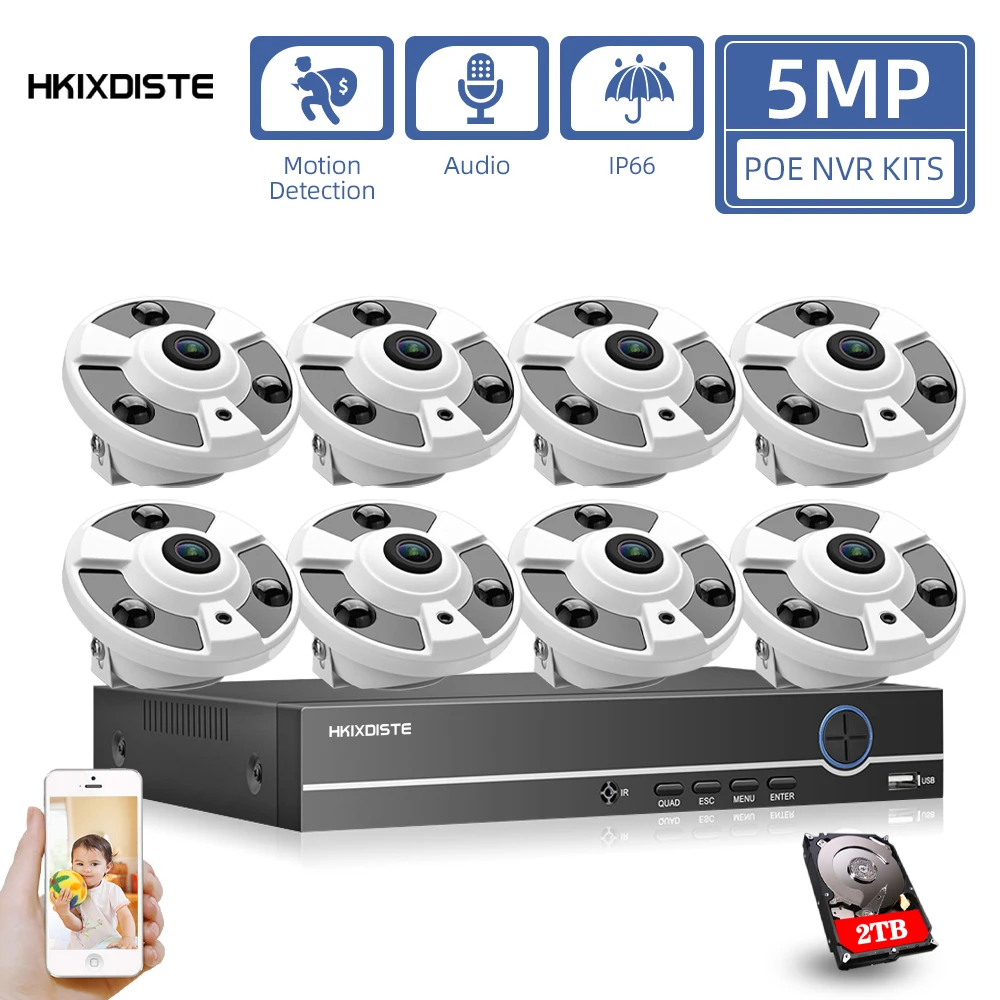 

5MP CCTV Fisheye Monitoring Camera System 8CH POE NVR Kit Indoor Home IP Panoramic Dome Surveillance Camera System Set XMEYE POE