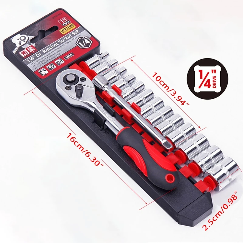 1/4-Inch Ratchet Socket Wrench Set Drive Socket Set with 13 Sockets 4-14mm & 2 Way Quick Released Ratchet Handlle 15 Pcs
1/4-Inch Ratchet Socket Wrench Set Drive Socket Set with 13 Sockets 4-14mm & 2 Way Quick Released Ratchet Handlle 15 Pcs