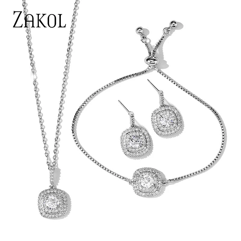 ZAKOL 3 Pcs Shiny Clear Square Cubic Zirconia Necklace Earrings Bracelet Silver Color Jewellery Set for Women Wedding SP3227
ZAKOL 3 Pcs Shiny Clear Square Cubic Zirconia Necklace Earrings Bracelet Silver Color Jewellery Set for Women Wedding SP3227