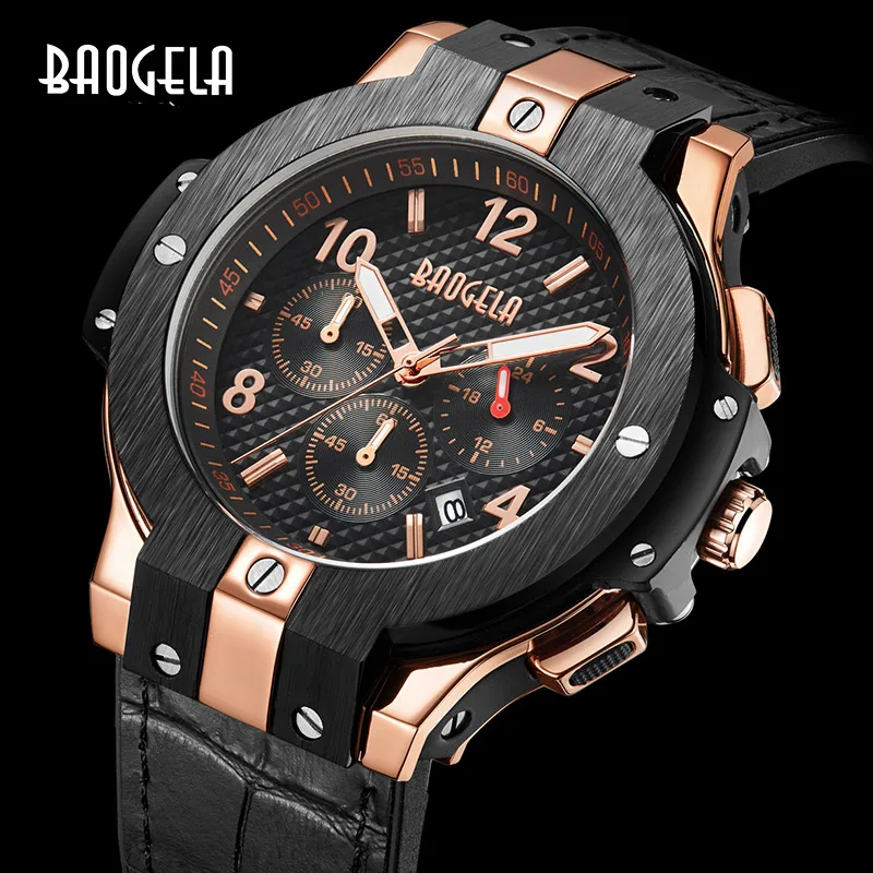 BAOGELA marque hommes montre Quartz или bande de caoutchouc 3ATM résistant à l'eau chronographe 1909|Кварцевые мужские