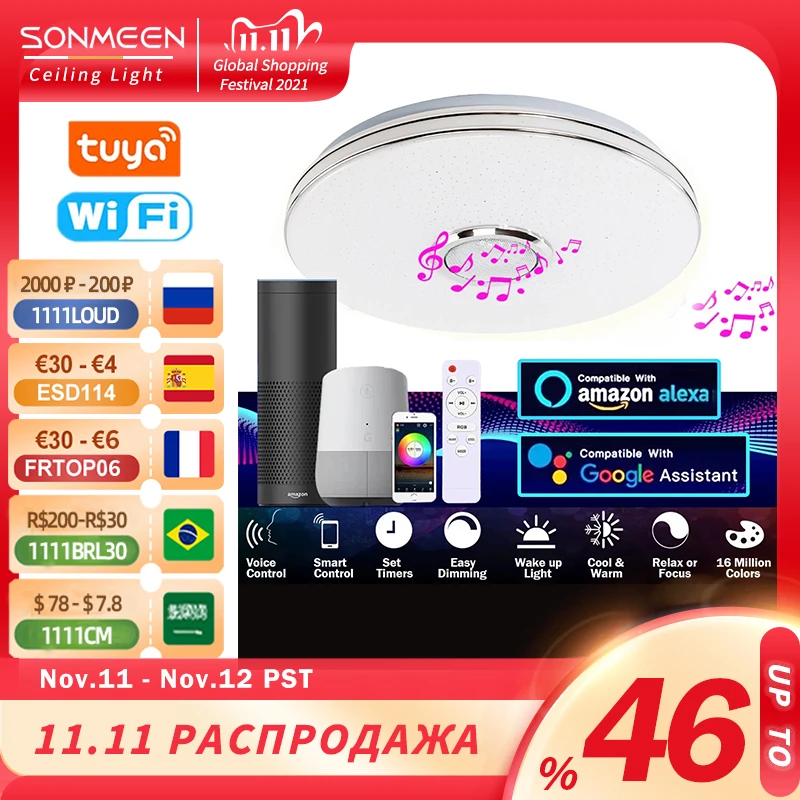 SONMEEN 33CM Intelligent WiFi LED Ceiling Light Bluetooth Speaker RGB Dimmable 36W Living Room Bedroom Lighting WF33-1
SONMEEN 33CM Intelligent WiFi LED Ceiling Light Bluetooth Speaker RGB Dimmable 36W Living Room Bedroom Lighting WF33-1