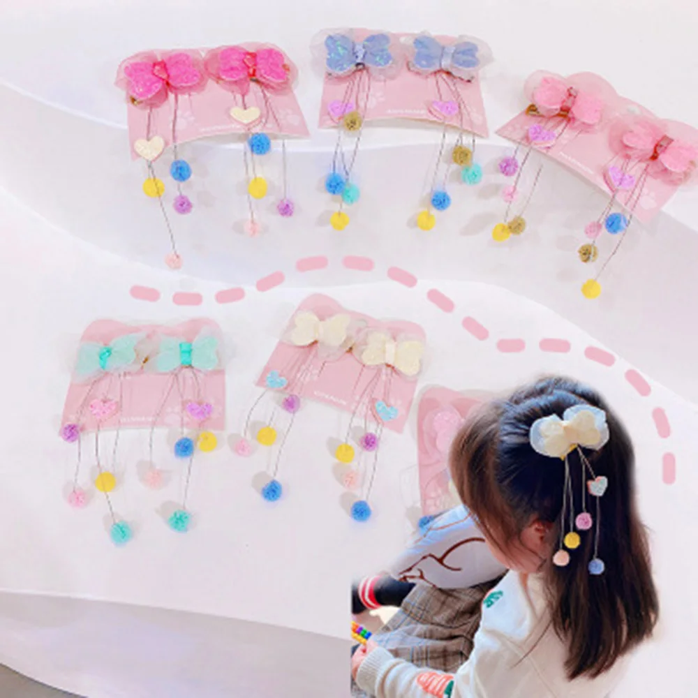 

1pair Organza Glitter Net Yarn Bow Love Hair Ball Tassel Hairpin Children's Side Clip Hair Accessories Hairpins Hooks For Girls