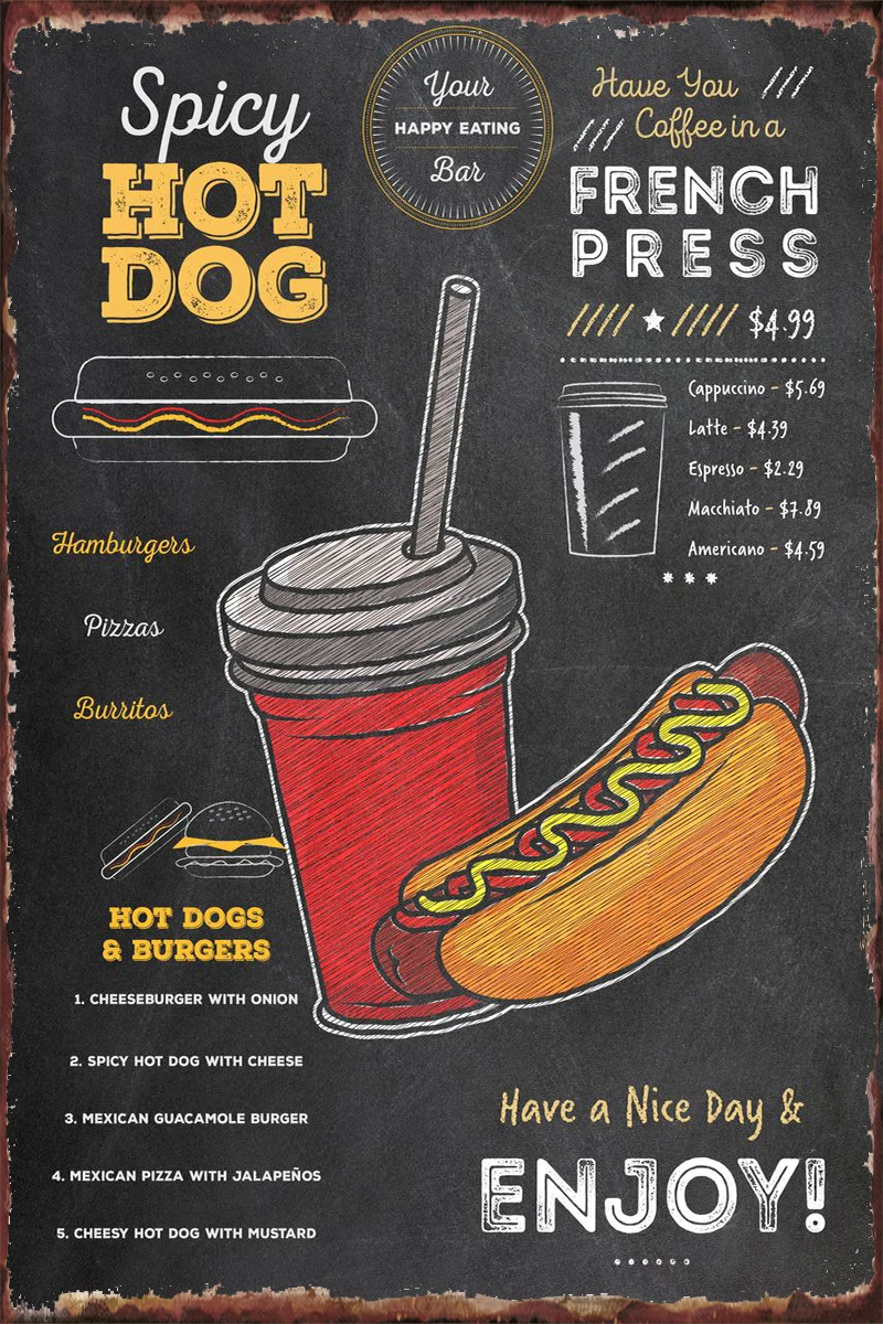Hot Dog Hotdog Food Menu Tin Plates Wall Decor Room Decoration Retro Vintage Metal Sign Tin Sign For Club Man Cave Cafe Pub
Hot Dog Hotdog Food Menu Tin Plates Wall Decor Room Decoration Retro Vintage Metal Sign Tin Sign For Club Man Cave Cafe Pub