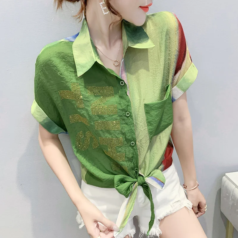#8202 Summer Short Sleeve Shirt Women With Diamonds Lapel Collar Sexy Women Shirt Short Sleeve Loose Tie Dyed Striped Printed
#8202 Summer Short Sleeve Shirt Women With Diamonds Lapel Collar Sexy Women Shirt Short Sleeve Loose Tie Dyed Striped Printed