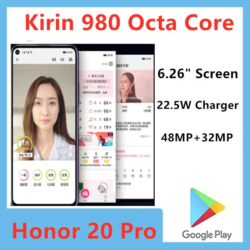 Оригинальный телефон Honor 20 Pro 4G LTE 980 МП Kirin 6 26 2340 дюйма 1080x9 0 Android 22 5 Google Play Вт