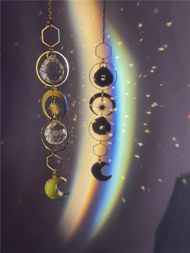 Suncatcher with aventurine crescent moon pendant | light catcher | sun & moon | rainbow maker | gift of good luck 
Suncatcher with aventurine crescent moon pendant | light catcher | sun & moon | rainbow maker | gift of good luck