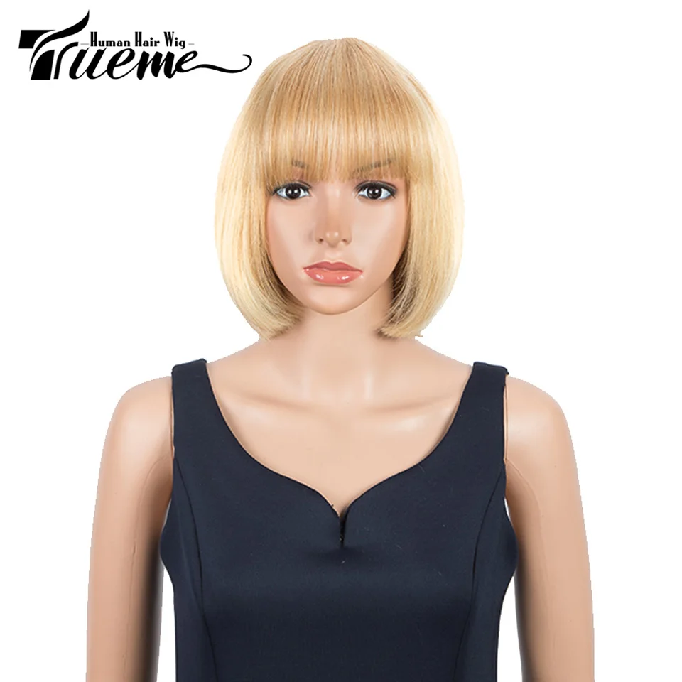 

Trueme Short Bob Wig With Bangs Ombre Blonde High Light Human Hair Wigs For Women Colored Black Burgundy Straight Bob Full Wig