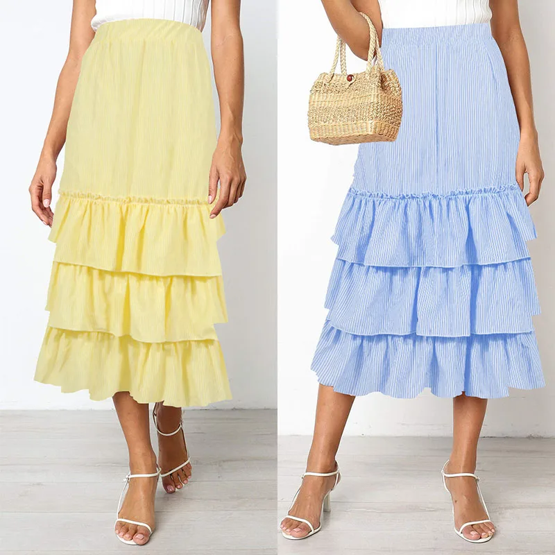 Women Tiered Midi Skirt Breathable High Waist Striped Layered Ruffle A-Line Skirt -OPK
Women Tiered Midi Skirt Breathable High Waist Striped Layered Ruffle A-Line Skirt -OPK