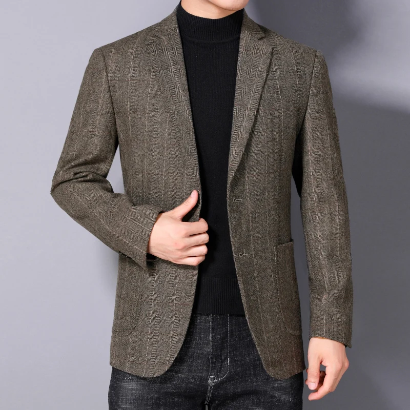 

Gray Camel Woolen Blazers Men Smart Casual Dark Striped Jacket Suit Single-Breasted Button On Cuff Design Notched Collar Outfits
