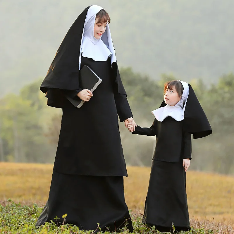 Nun Cosplay Hijab Dresses New Dark Black Long Sleeve Loose Thin Loose Maxi Robes Parent-Child Outfit Halloween Cosplay Costumes
Nun Cosplay Hijab Dresses New Dark Black Long Sleeve Loose Thin Loose Maxi Robes Parent-Child Outfit Halloween Cosplay Costumes