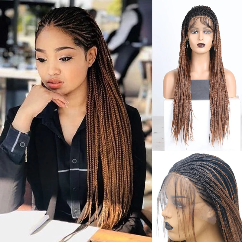 

Ombre Brown Synthetic 13x4 Lace Front Wig Braided Box Braid Wig For Black Women Natural hairline Lace Frontal Tribal Braided Wig