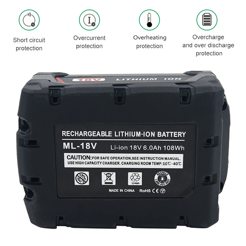 6000mAh Li-ion 18V Replacement Rechargeable Battery for Milwaukee M18 Cordless Power Tools 2601 2611 2630 48-11-1840 48-11-1850
6000mAh Li-ion 18V Replacement Rechargeable Battery for Milwaukee M18 Cordless Power Tools 2601 2611 2630 48-11-1840 48-11-1850