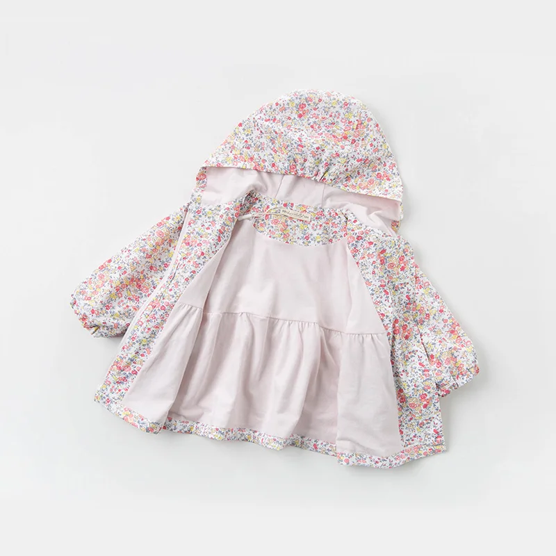 DB12946 dave bella spring baby girls cute zipper floral bow ruched hooded coat children tops fashion infant toddler outerwear | Детская