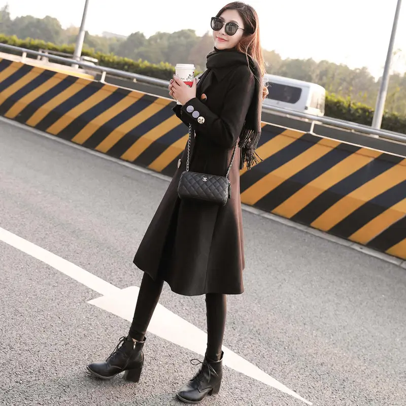 High Quality Women Clothes 2020 Autumn Wool Coat New Korean Lapel Double Breasted Slim Black Long Blazer femme casaco f1472 | Женская