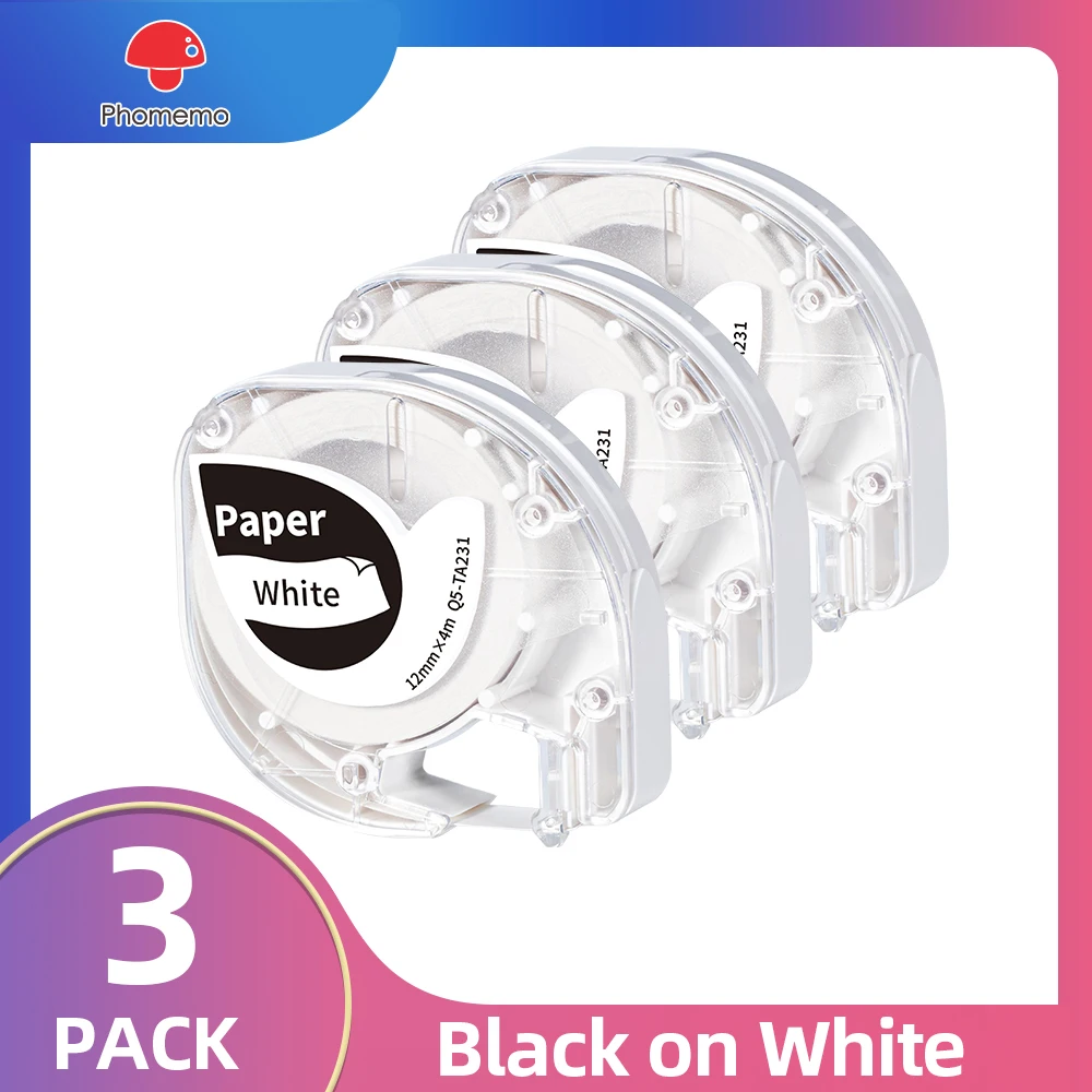 

3 Pack Phomemo 12mm x 4m Black on White Label Tape Compatible for Dymo Letratag LT Labeller Labeling Machine & P12 Label Maker