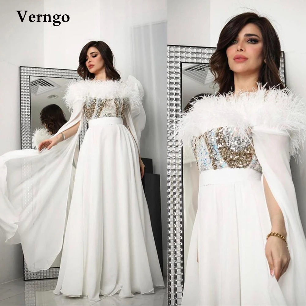 

Verngo Luxury White Chiffon Feathers Prom Dresses Long Cape Sleeves Crystal Beads Kaftan Dubai Women Formal Evening Gowns 2022