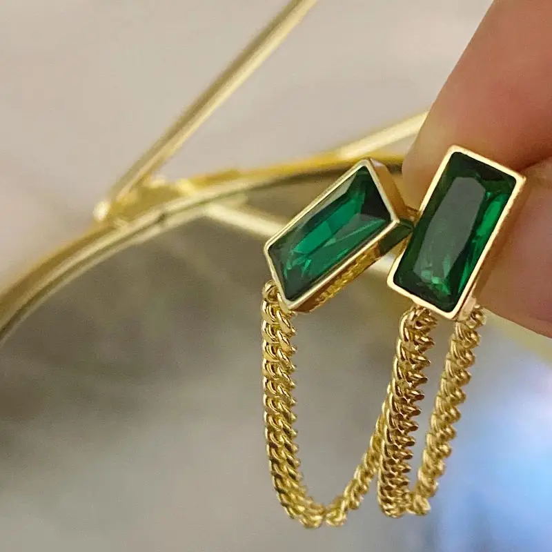 

2021 New Classic Geometric Rectangle Green Crystal Stainless Steel Chain Tassel Earrings Girl's Unusual Accessories For Woman