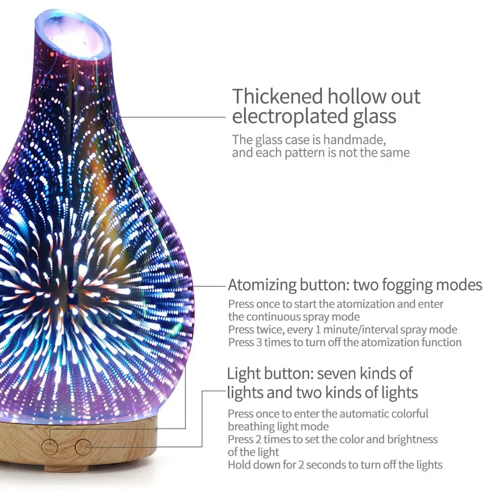 3D Glass Aroma Diffuser,Aromatherapy Ultrasonic Essential Oil Version Air Humidifier,Modes Firework 100ml Color Changing Lights
3D Glass Aroma Diffuser,Aromatherapy Ultrasonic Essential Oil Version Air Humidifier,Modes Firework 100ml Color Changing Lights