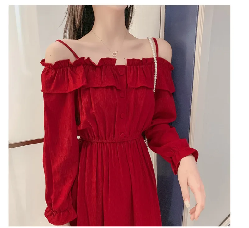 #5265 Red Black Blue Midi Dress Women Long Sleeves Sexy Casual Vintage Spaghetti Strap Dress Slash Neck Buttons A-line Dress
#5265 Red Black Blue Midi Dress Women Long Sleeves Sexy Casual Vintage Spaghetti Strap Dress Slash Neck Buttons A-line Dress