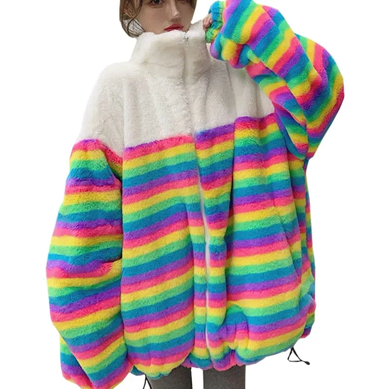 Plus Size Zipper Coral Fleece Lady Clothes Hoodie Women Sweatshirt Splicing Harajuku Beautiful Rainbow Stripe Loose Girl Coat
Plus Size Zipper Coral Fleece Lady Clothes Hoodie Women Sweatshirt Splicing Harajuku Beautiful Rainbow Stripe Loose Girl Coat