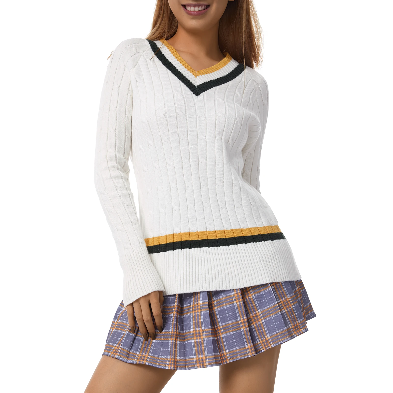 Ladies Oversize Sweater Autumn Winter White Long Sleeve Knitted Sweater with Color Block Stripes V-Neck Soft Loose Sweater
Ladies Oversize Sweater Autumn Winter White Long Sleeve Knitted Sweater with Color Block Stripes V-Neck Soft Loose Sweater