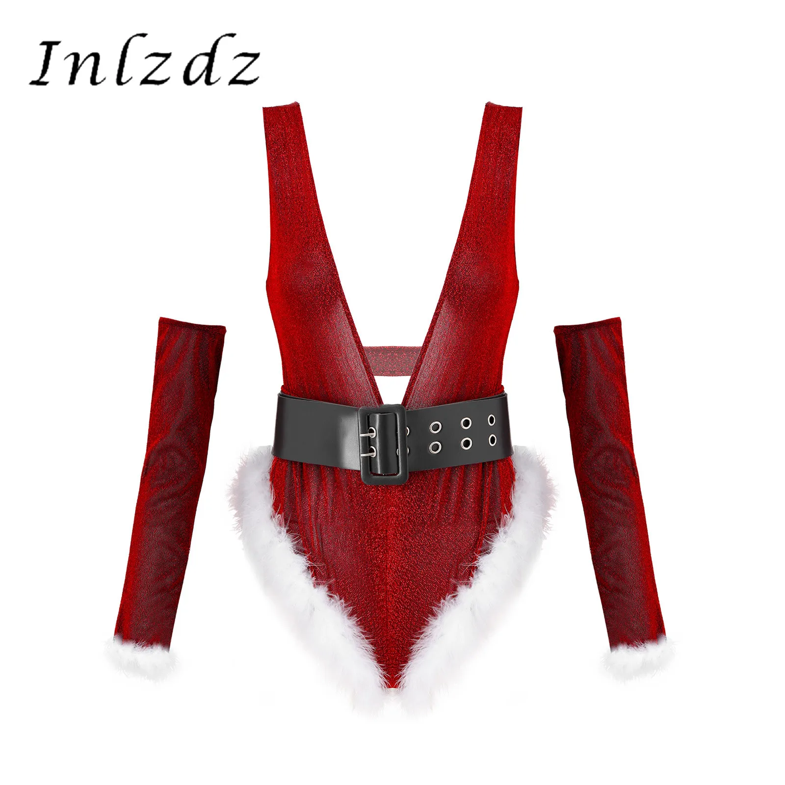 Womens Christmas Lingerie Set Faux Fur Trim Plunging Neckline Glitter Bodysuit with Belt Oversleeve Sexy Role Play Outfit
Womens Christmas Lingerie Set Faux Fur Trim Plunging Neckline Glitter Bodysuit with Belt Oversleeve Sexy Role Play Outfit