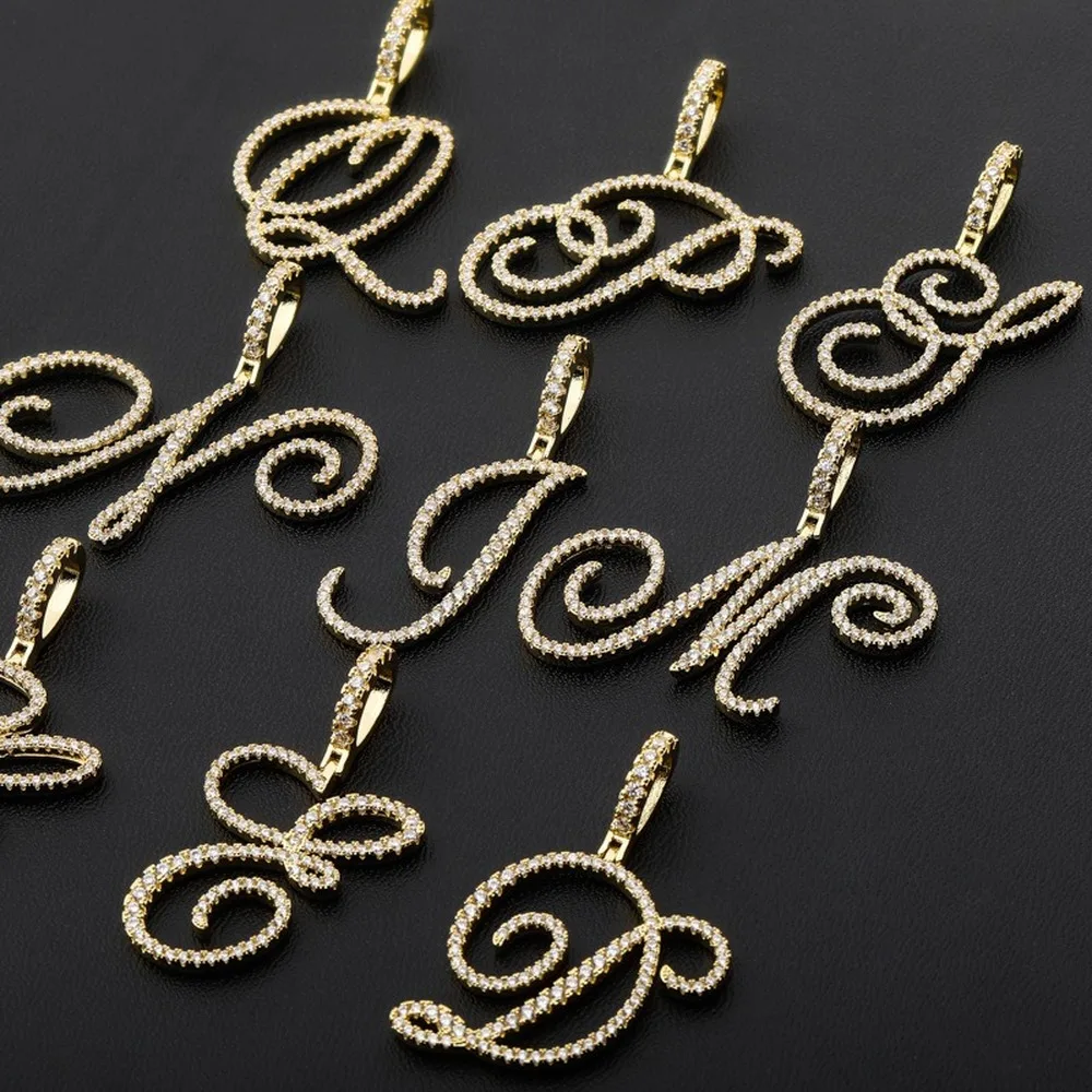 

18K Gold Plated Bling CZ Simulated Diamond Iced Out Artistic Alphabet Pendent Necklace Hip Hop Chain Jewelry for Men Charm Gifts